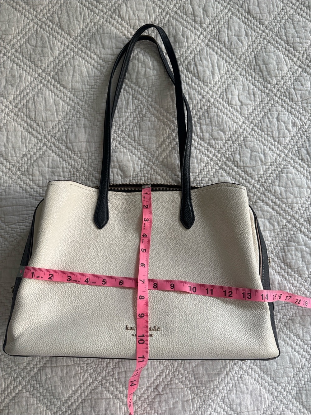 Kate Spade Hudson Colorblocked Large Work Tote Two-Tone Leather Tote Bag Cream - Picture 3 of 17